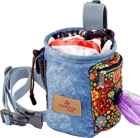 INSPECTOR TAIL Dog Treat Pouch w Drawstring to Prevent Spills | 2 Cup Tote | Hands Free w 4 Ways to Wear Puppy Bag w Pockets for Snacks Poop Bags Keys & Cards | Pet Training Walking & Rewarding Holder