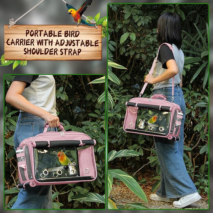 Bird Carrier Airline Approved, Bird Travel Cage with Indestructible Stainless Steel Mesh, Bird Travel Bag Lightweight and Portable with Water Bottle and Bowl