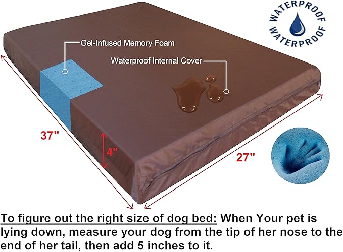 Dogbed4less Orthopedic Gel Infused Memory Foam Dog Bed, Waterproof Liner with Durable Washable Black Canvas Cover, 37X27X4 Inch