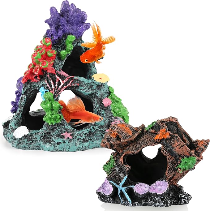 MyLifeUNIT Fish Tank Decor, 2 Pack Artificial Aquarium Coral Reef Rock Decorations for Betta, Goldfish to Breed, Play, Hide and Rest (Coral Reef Mountain+Seashell Wooden Barrel)