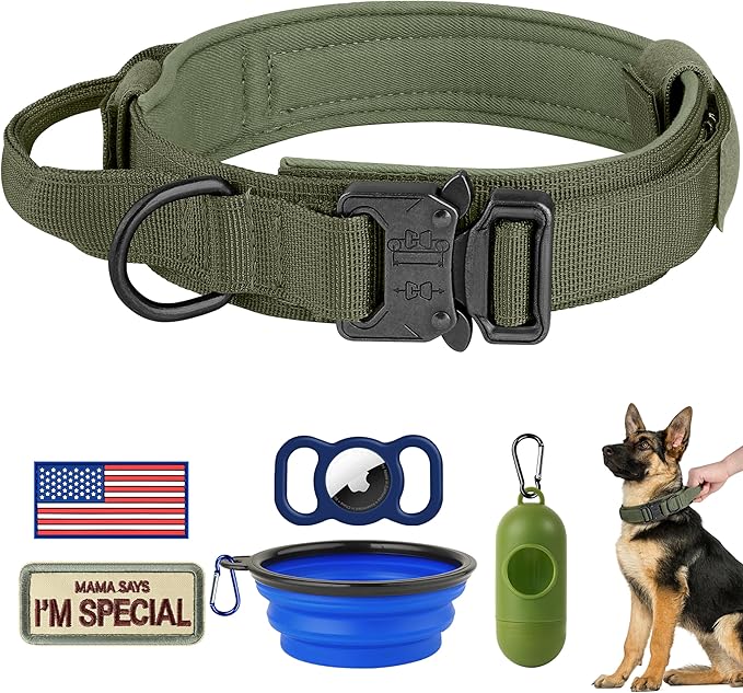 HYDEME Tactical Dog Collar Adjustable Nylon Collar with Control Handle and Heavy Metal Buckle for Medium and Large Dogs, with Patches&Airtags Case&Poop Bag Dispenser&Portable Bowl. (M, Green)