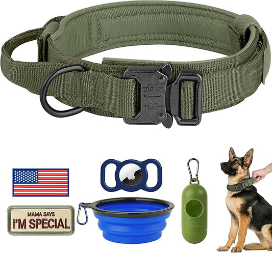 HYDEME Tactical Dog Collar Adjustable Nylon Collar with Control Handle and Heavy Metal Buckle for Medium and Large Dogs, with Patches&Airtags Case&Poop Bag Dispenser&Portable Bowl. (M, Green)