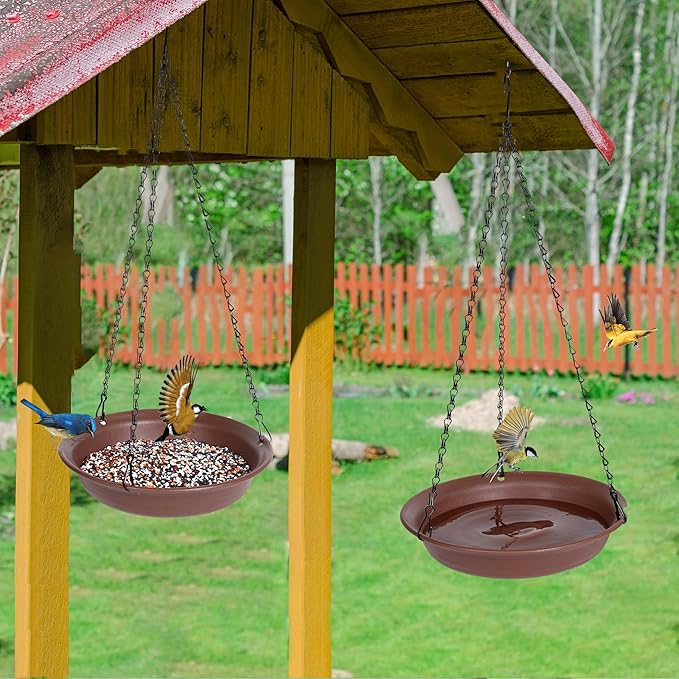 VUWEZ Hanging Bird Bath, Hanging Bird Water Feeder for Outdoors, Feeder Bowl, 2 Pack Birdbath Tray Accessories for Outside, Plastic Birdbaths Tray for Garden Patio Decoration (10", Chocolate)