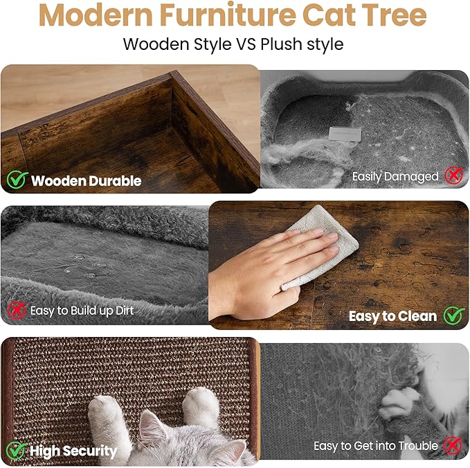 Modern Wood Cat Tree Tower for Indoor Large Cats, 33.8-Inch Tall Wooden Cat Trees with Big Perch Bed, Cat Scratching Pads, Washable Cushions and Scratching Mat, Cat Furniture, Rustic Brown