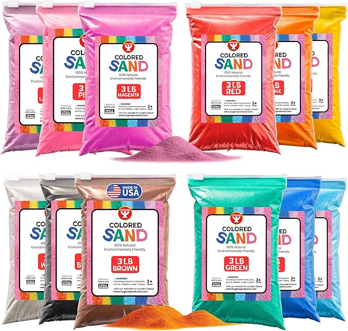 Hygloss Colored Sand for Crafts -12 Assorted Colors Bags - 3 lb Vibrant Colorful Fine Sensory Play Sand Art Kits for Kids - Classroom Activities for Children 3 4 5 6 7 8 9 10 11 12 - Safe for Ages 3+