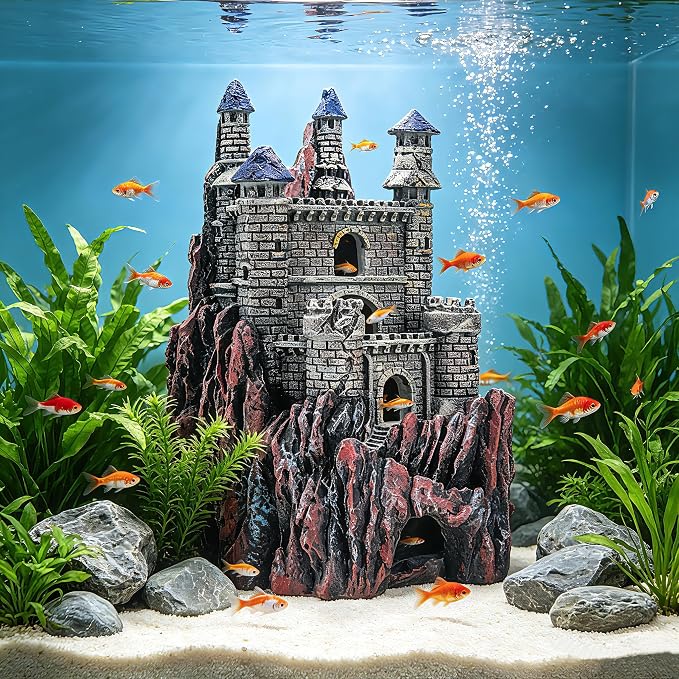 Teaeeno Age-of-Magic Wizard’s Castle Aquarium Décor-Resin for Freshwater and Saltwater Fish Tanks-Large House Ornament Kit -Gnome Fish Tank Decor Aquarium Decor-Charming Mermaid Decor Statue (Purple)