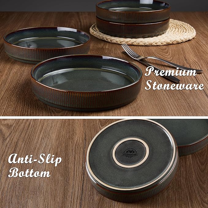 E-far Pasta Bowls Set of 6, 35oz Large Salad Bowl Plate for Dinner Serving, Wide & Shallow Ceramic Stoneware Pasta Plates, Microwave & Dishwasher Safe, Reactive Glaze Textured Stripes, Blackish Green