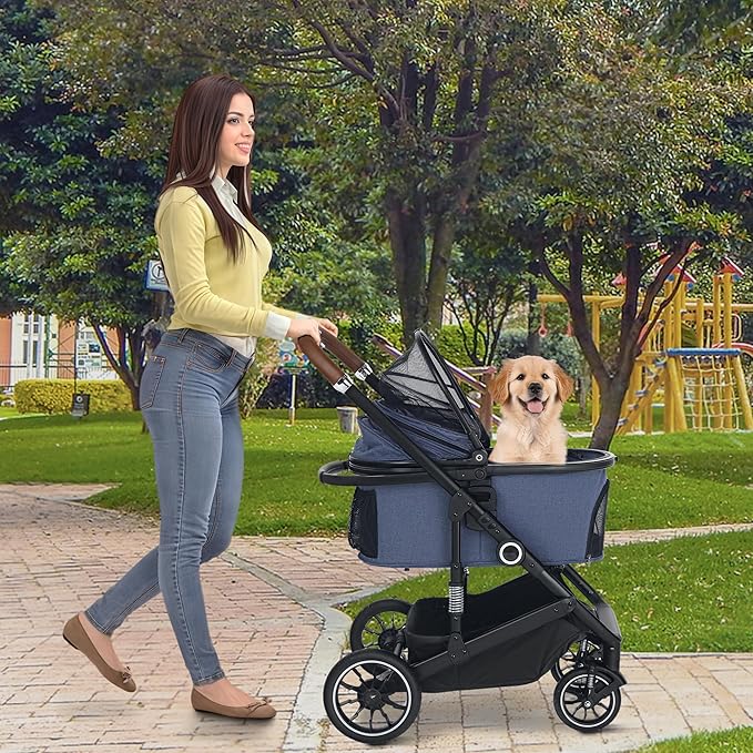 TODEFULL Pet Stroller with 4 Wheels, 3 in 1 Folding Puppy Strollers for Small/Medium Dogs Cats up to 50lbs, Lightweight Pet Travel Carrier with Detachable Cushion, Storage Basket and Cup Holder, Blue