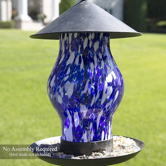 CLEVER GARDEN Glass Bird Feeder, Hanging Outdoor Decoration for Wild Birds, Blue Cylinder