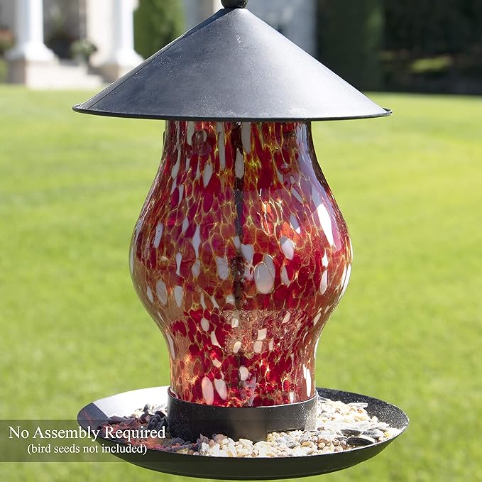 CLEVER GARDEN Glass Bird Feeder, Hanging Outdoor Decoration for Wild Birds, Red Cylinder