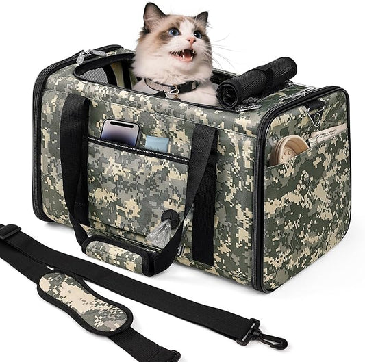 Cat Carrier Soft 25lbs Two Loading Pet Carriers Portable Small Dog Puppy Airline Approved Carrier with Side Pockets Foldable Portable for Outdoor Car Digital Camouflage