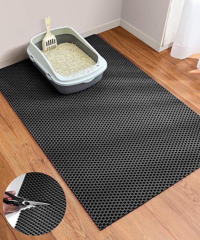 Cooyes Cat Litter Mat - Cut to Fit Any Place, 47"x35" Large Litter Trapping Mat for Litter Box, Easy to Clean, Waterproof & Non-Slip Kitty Pad, Scatter Control to Protect the Floor (Black)