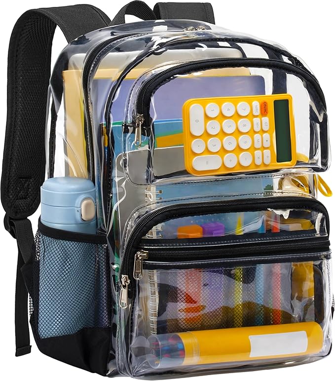 Vorspack Clear Backpack for School - Heavy Duty See Through Bookbag for Girls Boys Large Transparent Backpacks for Work, Travel - Black