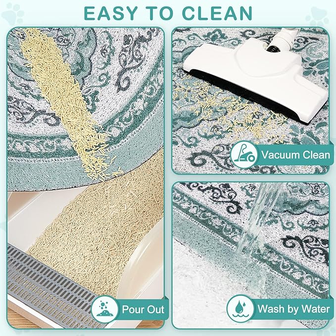 Unicorn Catcher Cat Litter Mat 40" x 30" Non-Slip Litter Box Mat Washable Litter Catcher Mat for Litter Box Indoor Food Mat Supplies Essentials, Dark Cyan
