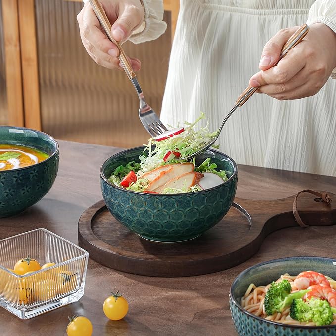 MALACASA Cereal Bowls, 30 Ounce Ceramic Green Soup Bowl for Kitchen, Stoneware Bowls Set of 4 with Embossment for Pho, Chip, Fruits, Salad, Noodle, Ramen - 6 Inch, Series LYDIA