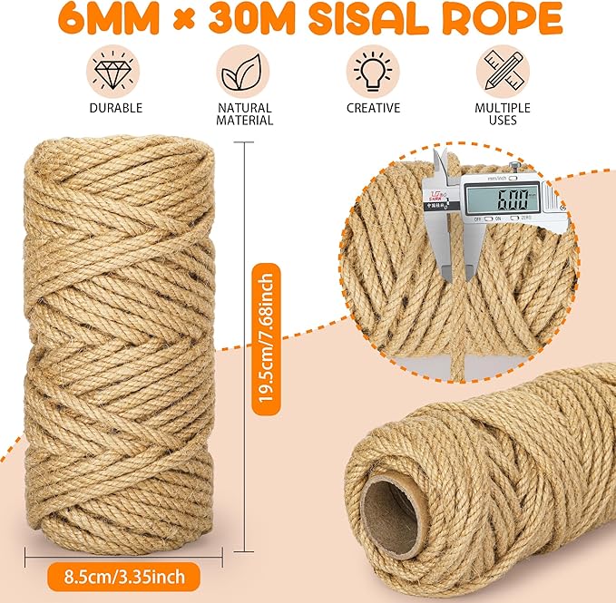 98FT/30M Cat Scratching Sisal Rope, 6mm 1/4 inch Thick Natural Jute Rope for Scratch Posts, Cat Trees, DIY Projects, Sisal Rope for Cat Scratcher with 2 Cat Mouse Toys (Natural, 98ft)