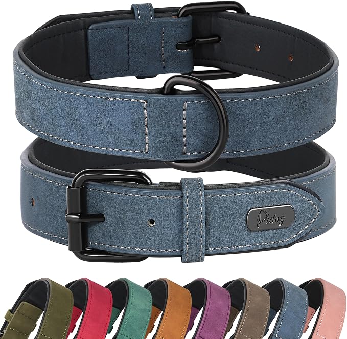 Didog Soft Padded PU Leather Dog Collar, Breathable and Adjustable Dog Collars for Medium Dogs, Comfortable for Daily Walk, Blue, L Fit Neck 14-18"(22-44 lbs)