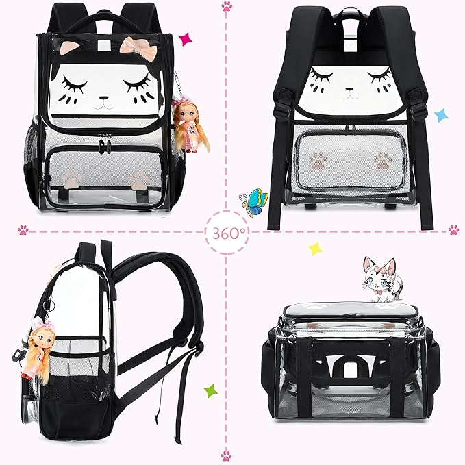 AO ALI VICTORY clear backpack Girls with Tote Bag Heavy Duty PVC Transparent Cute Backpack for Kids Toddler Preschool Bookbags Elementary School Bags See Through Casual Travel Daypack, Balck Set