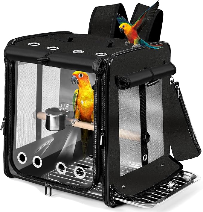 Bird Carrier with Seat Belt for Car Travel, Bird Backpack Carrier with Indestructible Stainless Steel Mesh, Large Bird Carrier Travel Cage, Black