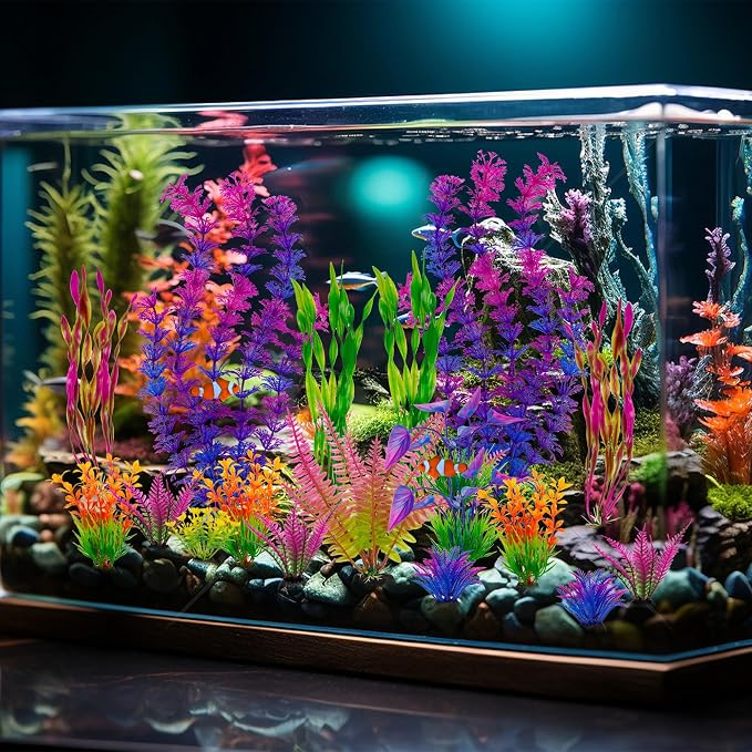 Ameliade Artificial Aquarium Plastic Plants Fish Tank Decorations, 25PCS | Large Colorful Aquarium Decor, Betta Goldfish Tank Accessories, Fish Bowl Tall Ornaments