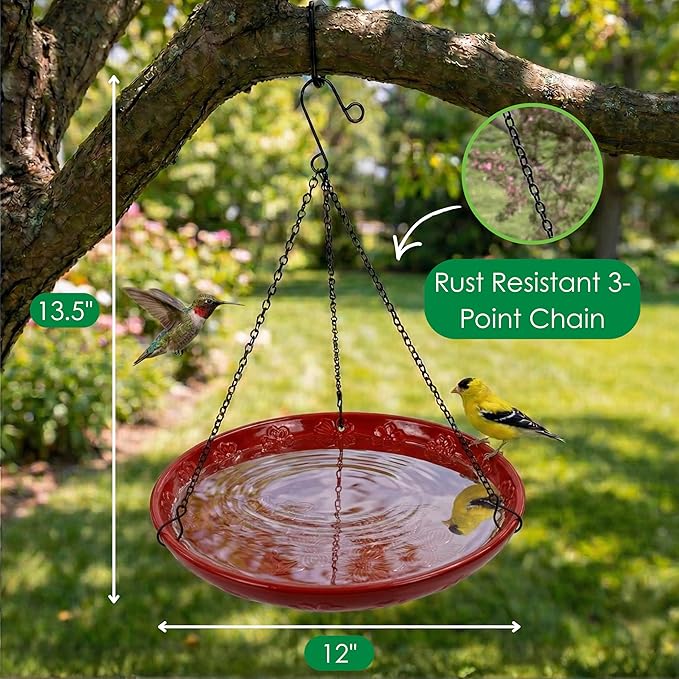 Red Ceramic Bird Bath Bowl - Hanging Bird Baths for Outdoors - 12-Inch Glazed Ceramic Bowl with Embossed Cardinal & Dogwood Design - Metal Chain & Hook