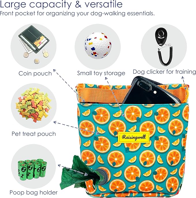 Raisingwell Dog Treat Pouch for Pet Walking and Training with Clicker 2 Cup Silicone Bag Small Fanny Pack Holder for Puppy Snack Dispenser Kit for Leash and Outdoor Use (Fruit Orange)