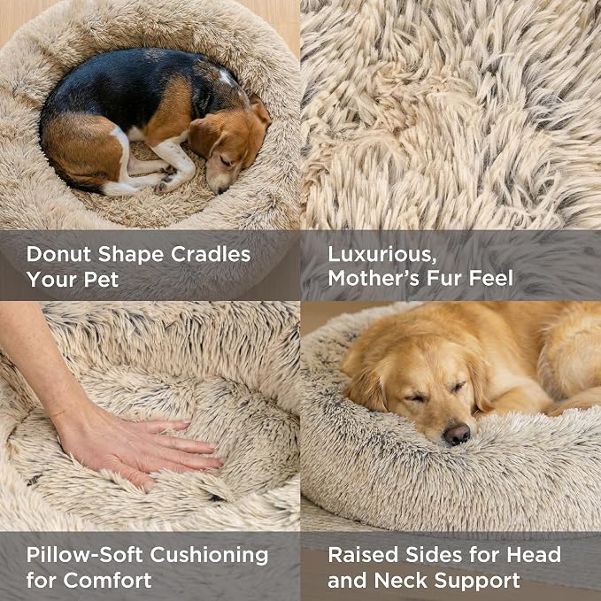 Best Friends by Sheri The Original Calming Donut Dog Bed for Medium Dogs up to 45 lbs, Shag Faux Fur, Taupe, Medium, 30" x 30"