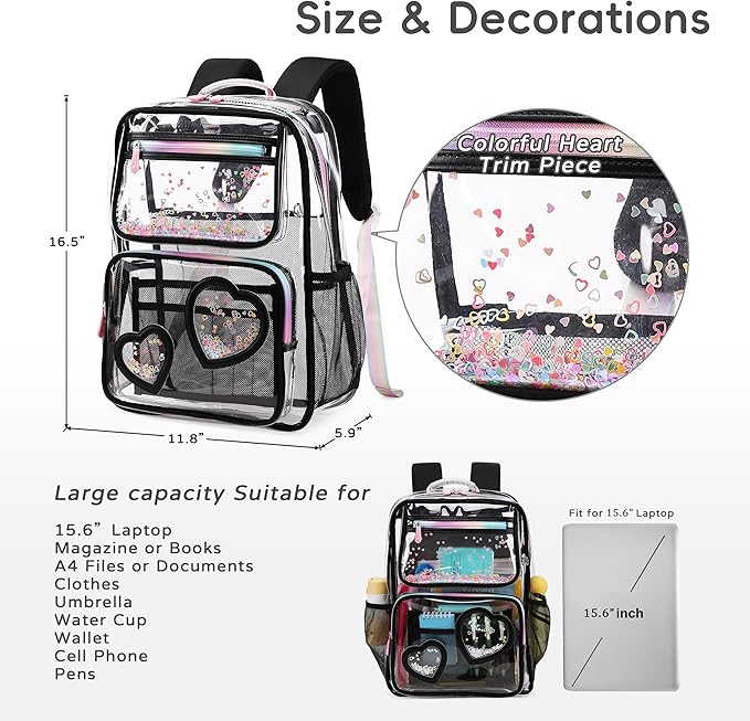 Clear Backpack for Girls,Clear Bookbag Heavy Duty Transparent Backpacks for Stadium Events, See Through Back Pack for Kindergarten Elementary Middle High School (Black)