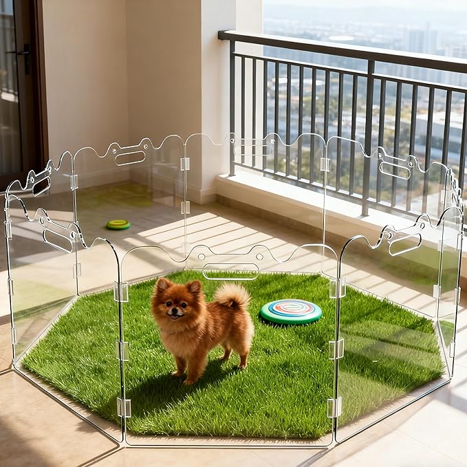 Clear Acrylic Pet Gate - 6 Panel，118" Width White, Indoor/Outdoor Use Foldable FreeStanding Puppy Gates for Dogs & Guinea Pigs, Doorway Stairs Barrier with Transparent Panels