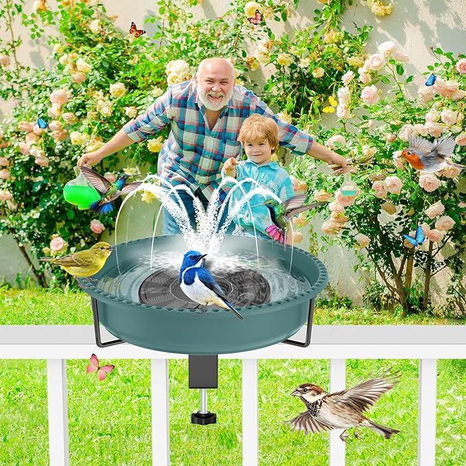 Bird Baths for Outdoors, Rustproof Metal Clamp Birdbaths & Birdfeeder with Detachable Plastic Basin, Outdoor Bird Feeding & Watering Station for Wild Birds Garden Patio Balcony (Green)
