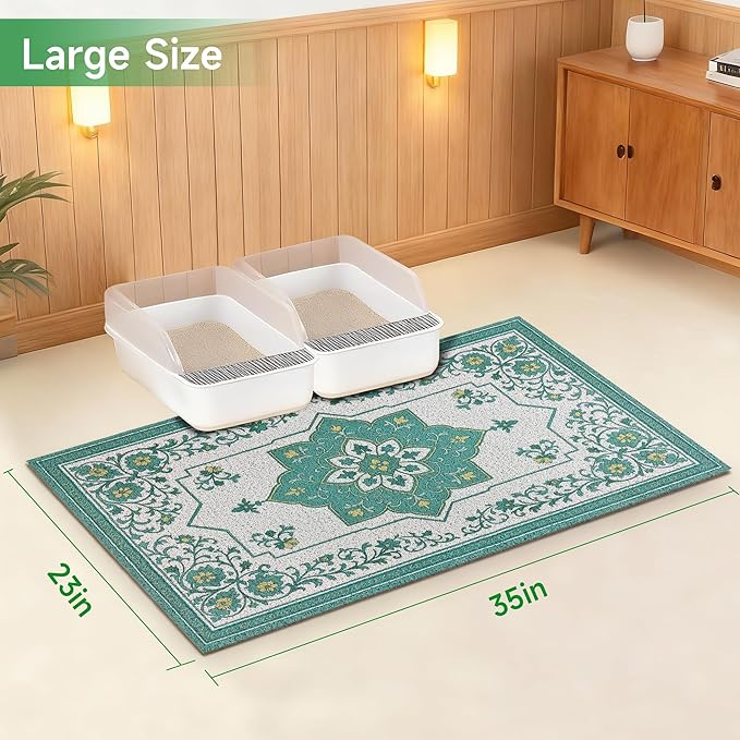 Cat Litter Mat, 35" x 23" Litter Box mat, Traps 100% Litter, Non-Slip Kitty Litter Trapping mats, Large Cute Litter mat, Easy Clean for Scatter Control, Bohe cat Food mat, Urine Waterproof