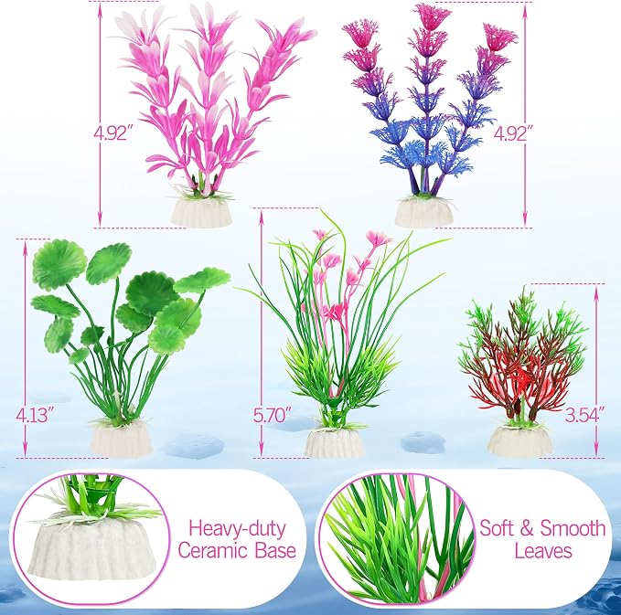 MyLifeUNIT 6 Pieces Fish Tank Decor & Plants for Betta Hide Play Rest | Medieval Ruin Castle, 5 Colorful Aquarium Plants, Resin & Soft Plastic, Weighted Bases, Fits 5-15 Gal Tanks
