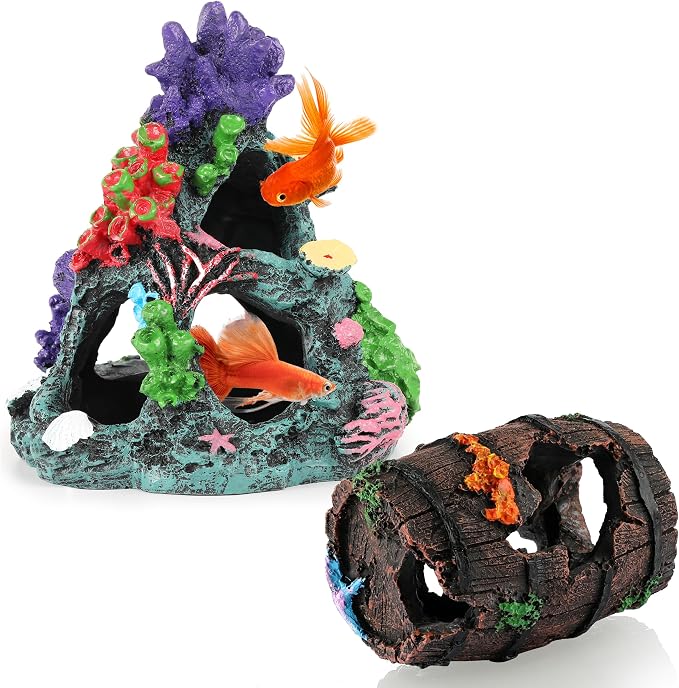 MyLifeUNIT Fish Tank Decor, 2 Pack Artificial Aquarium Coral Reef Rock Decorations for Betta, Goldfish to Breed, Play, Hide and Rest (Coral Reef Mountain+Starfish Wooden Barrel)