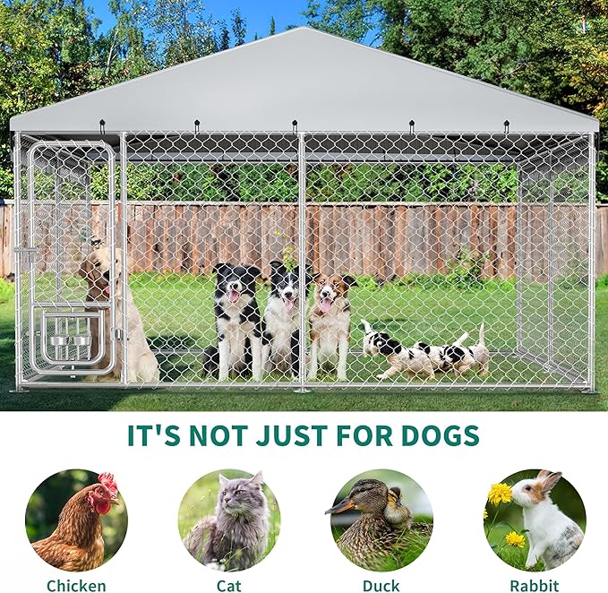 YITAHOME 10'x10' Outdoor Dog Kennel with Rotating Feeder Bowls, Outdoor Dog Enclosure with Roof, Heavy Duty Dog Cage for Large Dogs