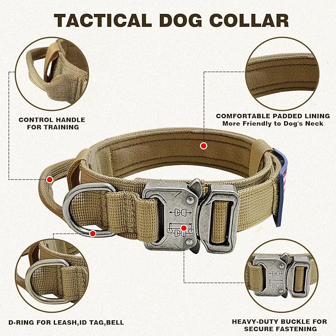 Tactical Dog Collar and Bungee Leash Set, Adjustable Military Training Nylon Dog Collar with Controll Handle and Heavy Metal Buckle，with USA American Flag, Patches and Airtags Case (M, Brown)