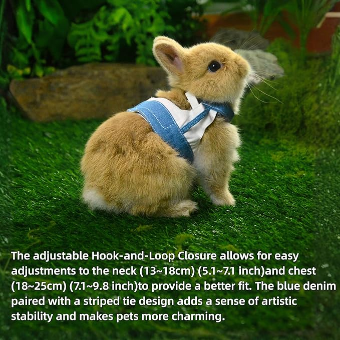 SMOLKITH Rabbit Clothes - Bunny Adjustable Blue and White Vest with Leash, Small Animal Apparel for Walking - Fits Guinea Pigs, Chinchillas, Meerkats, Prairie Dogs, Pet Rats and More