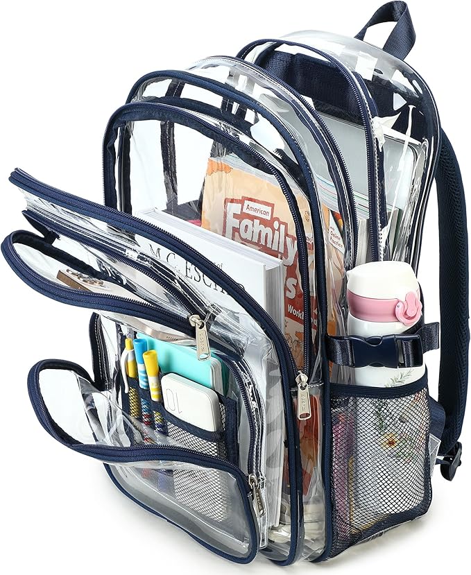 abshoo Large Heavy Duty Boys Clear Backpack for School Bookbag Transparent Multi Pocket Backpacks for Men (Navy)