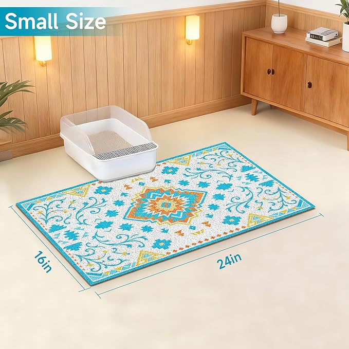 Cat Litter Mat, 24" x 16" Litter Box mat, Traps 100% Litter, Non-Slip Kitty Litter Trapping mats, Small Cute Litter mat, Easy Clean for Scatter Control, Bohe cat Food mat, Urine Waterproof