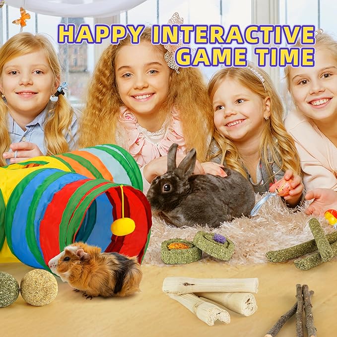 Bunny Tunnels & Tubes Collapsible 3 Way Rabbit Hideout with 13pcs Toys for Bunny Guinea Pig Hamster Chinchilla Hedgehog Rat Ferret Kitten (Colorful)