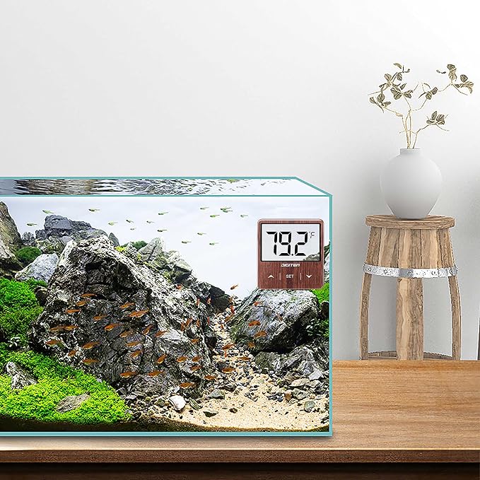 Digital Aquarium Thermometer, Fish Tank Thermometer with Large LCD Display, No Wires, Accurate Reading, Walnut Aquarium Thermometer