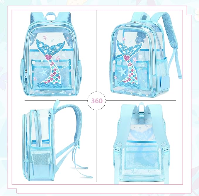 AO ALI VICTORY Clear Backpack for Boys Girls,15.6 Inch Kids Clear Backpack Set with Lunch Bag Pencil Case PVC Elementary Bookbag School Student See Through Transparent Travel Back Pack, Blue Mermaid