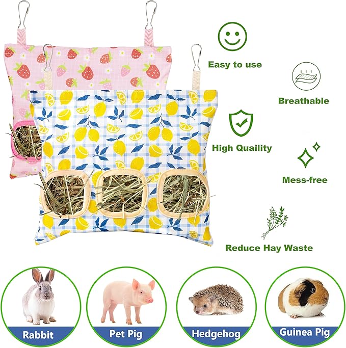 Lesnala 2pcs Bunny hay feeder Rabbit hay feeder bag Hanging guinea pig hay bag Large capacity cotton canvas fabric hay bag for Rabbits Bunny Chinchillas Hamsters and Other Small Pets(3 Holes,2 styles)