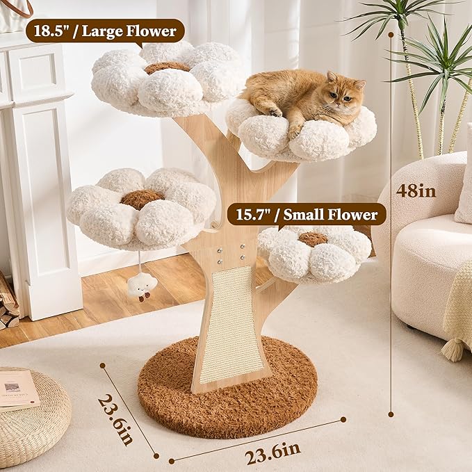 Aesthetic Flower Cat Tree Tower with Scratching Post for Indoor Cats, 48" Modern Cat Tree with Wood Sculpted Branch, Flower Cat Beds, Scratching Board & Interactive Squeaky Toy, Creamy White