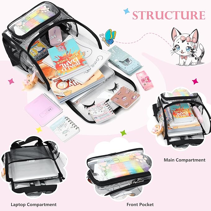 AO ALI VICTORY Clear Girls Backpacks Heavy Duty PVC Transparent Cute Backpack for Kids Toddler Girls Preschool Bookbags Elementary School Bag See Through Casual Travel Daypack, Black