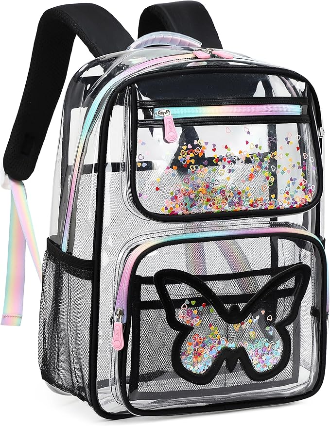 Clear Backpack for School,Large Bookbag Heavy Duty See Through Butterfly Backpacks for Girls Stadium Approved Daypack Transparent Shoulder Bags for Students,Teens,Women,Work,Travel,Concert Black