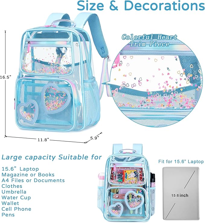 Clear Backpack for Girls,Clear Bookbag Heavy Duty Transparent Backpacks for Stadium Events, See Through Back Pack for Kindergarten Elementary Middle High School (Blue)