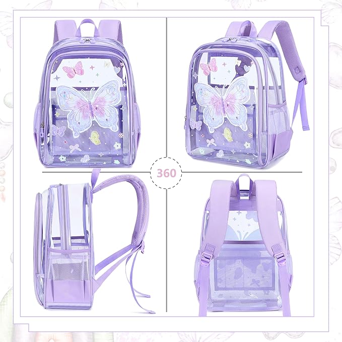 AO ALI VICTORY Clear Backpack for School,PVC Transparent Kids Bookbag for Girls Boys Cute Toddler Back Pack Kindergarten Elementary Schoolbag Stadium Approved See Through Backpacks, Purple Butterfly