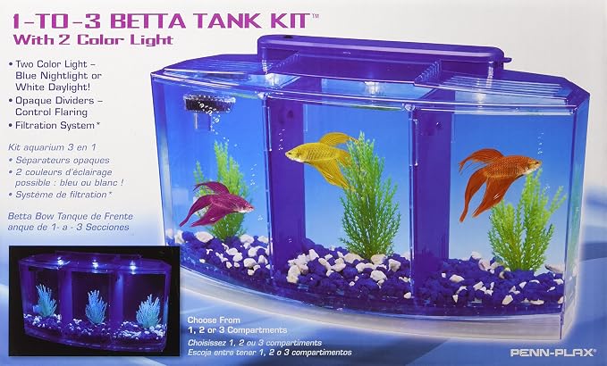 Penn-Plax Deluxe Triple Betta Bow Aquarium Tank - Includes Under Gravel Filter & Plastic Plants - 0.7 Gallon