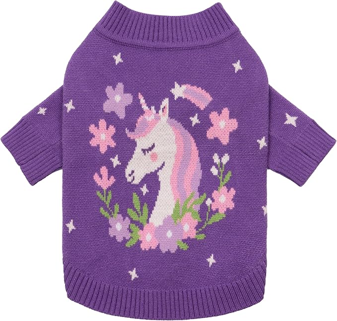 Fitwarm Adorable Unicorn Dog Sweater, Thermal Dog Winter Clothes for Small Dogs Girl, Pet Outfit, Purple, Pink, White, Medium