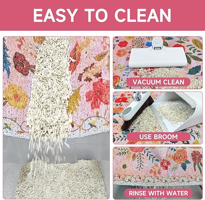 Cat Litter Mat, 24" x 16" Litter Box mat, Upgrade Non-Slip Kitty Litter mat, Traps 100% Litter, Soft on Kitty Paws, Easy Clean for Scatter Control, Bohe cat Food mat, Urine Waterproof